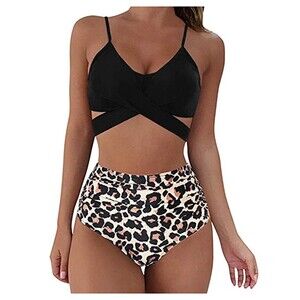 Cross Front Wrap Push Up Leopard Printed High Waisted Bikini Set Sz L/8